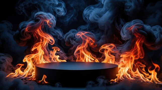 Black podium stands in center of dramatic fire, smoke. Orange flames rise around dark circular stage. Intense heat, glowing embers create powerful atmosphere. Minimalist platform for product display