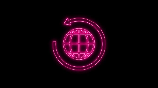Glowing pink neon globe with circular refresh arrow icon animation on dark background for technology and web concepts