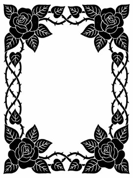 Black and white floral frame with roses isolated on white