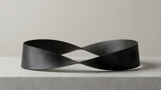 Black mobius strip sculpture displaying endless mathematical geometry against a clean minimalist neutral background inside studio lighting