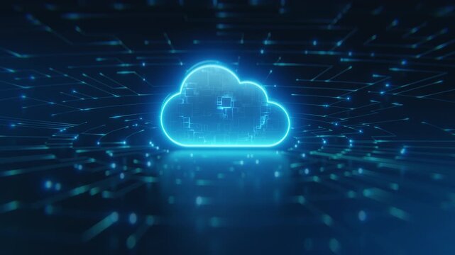 Futuristic 3D motion graphic video animation of a glowing neon blue cloud computing icon floating on a digital circuit board network, representing secure database hosting and cyber servers.