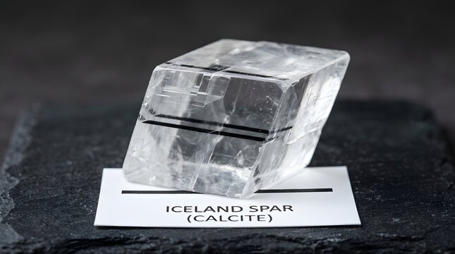 Transparent calcite mineral sample displaying clear optical double refraction phenomenon over black stone background for science education