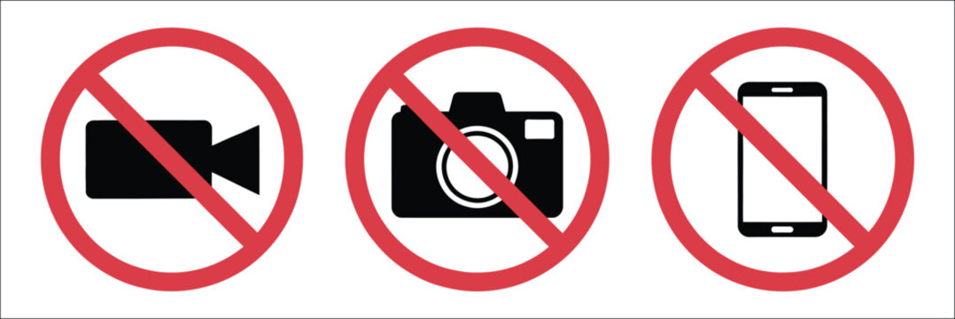 Prohibition sign set featuring no photography, no video recording, and no mobile phone use symbols for safety rules and public notices.