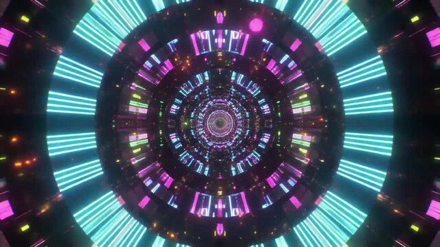 Digital Glitch Tunnel Loop With Binary Streams Flowing Inward And Neon Particles Scattering