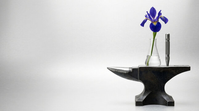 Delicate ultramarine wild iris flower in glass flask on heavy blued steel industrial anvil on aluminum plate, International Womens Day power and grace concept banner 