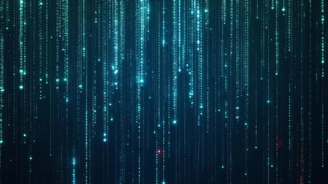 Futuristic Glitch Wall Loop With Binary Streams Flowing Downward And Neon Particles Scattering