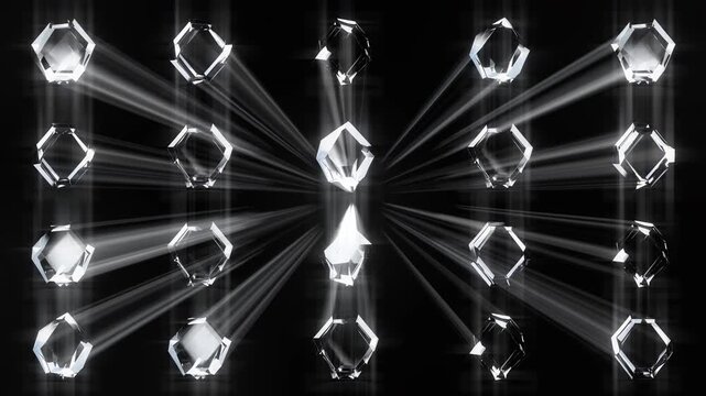 Grid of white diamond crystals with sparkling light rays on black, luxury pattern VJ loop for gala and wedding