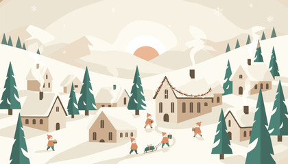 Obraz premium Heartwarming winter village scene with small elves or children carrying gifts and pulling a sled through snow, past cozy houses and pine trees at sunrise.