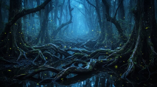 Magical forest glows with mysterious blue light and floating fireflies illuminating the winding tree roots on the ground.