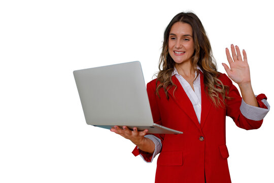 Businesswoman conducting video call, remote working, waving hand, communicating online, using technology, transparent background