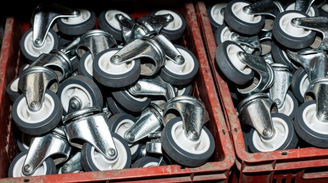 Close up of many metal caster wheels in red plastic crates. Swivel shopping cart wheels pile up in warehouse retail store. Industrial spare parts for supermarket trolley maintenance, logistics