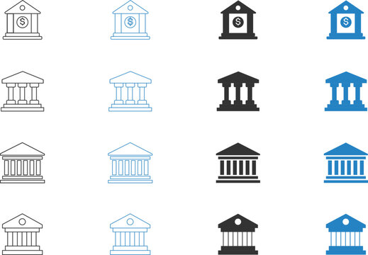Bank building icons depict financial institutions with classical architecture in a flat two color style banking finance institution monetary capital economy