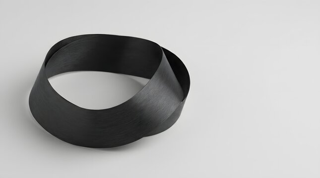 Abstract metallic mobius strip sculpture featuring sleek dark surfaces against a minimalist bright studio background lighting setting
