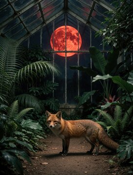 Fictional hybrid animal stands in greenhouse garden. Red blood moon shines through large glass window at night. Exotic wild predator looks at camera among tropical plants, ferns in dark botanical