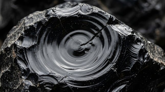 Shiny black obsidian volcanic glass stone showing concentric conchoidal fracture patterns with glossy reflective textured surfaces