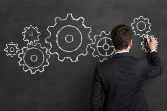 Corporate strategist sketching interlocking gears on chalkboard to illustrate process optimization teamwork and operational workflow planning for business efficiency and systems thinking