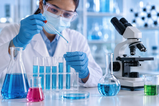 Laboratory scientist pipetting liquid into test tube amid glassware and microscope conducting chemical research and analytical experiment for clinical study