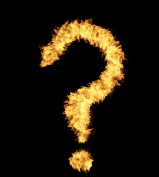 A drawing of a fiery question mark on a black background.