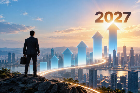 Executive overlooking metropolitan skyline with glowing upward arrows and illuminated growth pathway pointing to 2027 symbolizing corporate expansion projection and strategic planning momentum