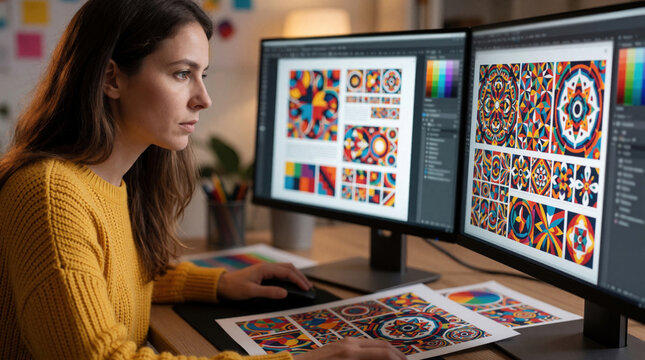 Focused female graphic designer works on colorful mandala patterns using dual monitor setup. Young woman creates digital art at professional workstation in home office. Creative freelancer uses