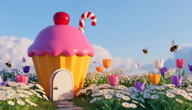Whimsical cupcake house in a spring flower meadow with bees and blue
