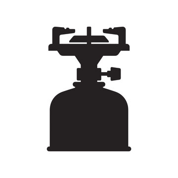 Camping gas stove icon silhouette representing outdoor cooking equipment, hiking burner, and portable backpacking gear