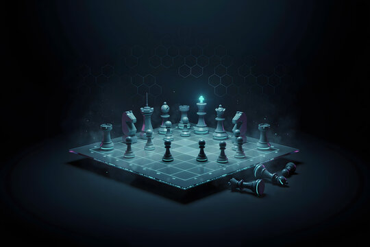 A glass chessboard with glowing blue pieces and a central king, set in a dark smoky environment with a hexagonal pattern in the background
