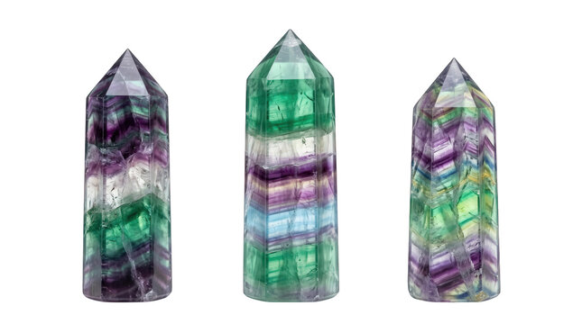 Three Polished Fluorite Crystal Towers Standing in a Row Isolated on a Black Background
