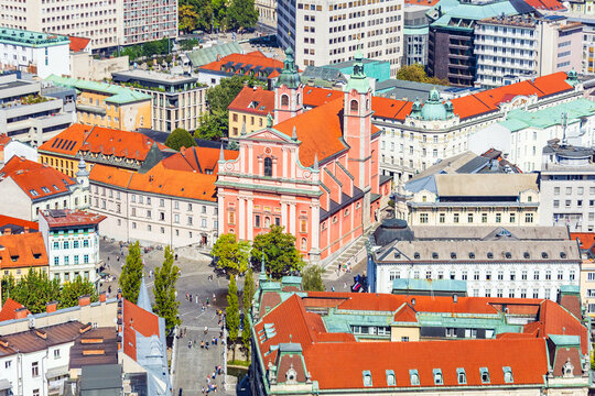 Preseren Square and Franciscan Church of the Annunciation in Ljubljana, Slovenia