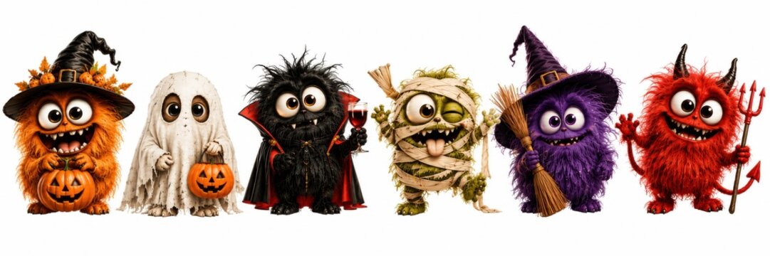 Cute Halloween monster collection featuring funny cartoon characters in costumes. Group of adorable creatures celebrating the holiday isolated on white background