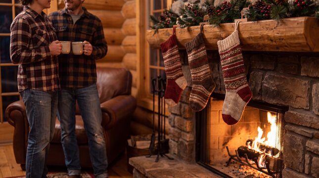 cozy holiday decor, stockings adorning a rustic mantel, illuminated by warm firelight glow