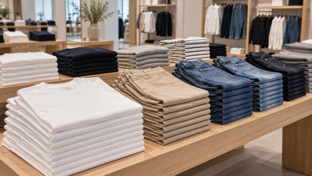 Neatly folded T shirts, chinos and denim jeans displayed on a wooden table inside a modern clothing store