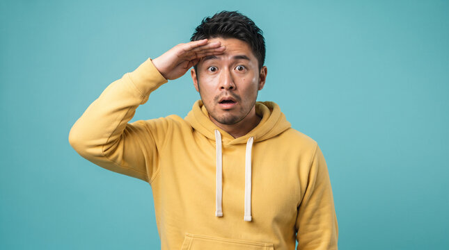 Young man looking at camera with hand over forehead searching