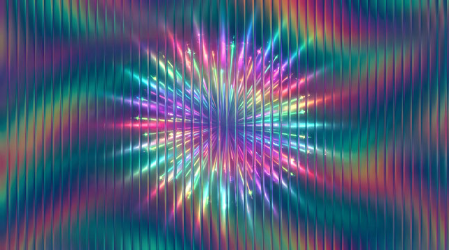 Colorful radial firework starburst on holographic rainbow glitch background with scanlines