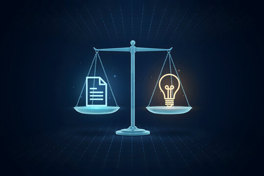A metal balance scale with a glowing document on one side and a glowing lightbulb on the other, set against a dark grid background