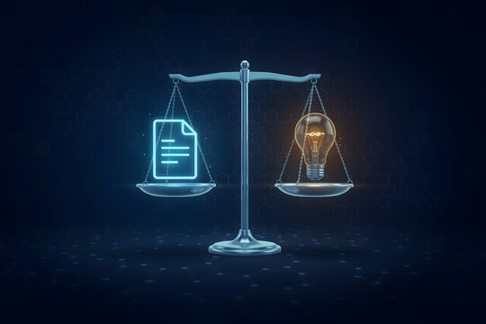 A metal balance scale with a glowing document on the left and a glowing lightbulb on the right, set against a dark blue background