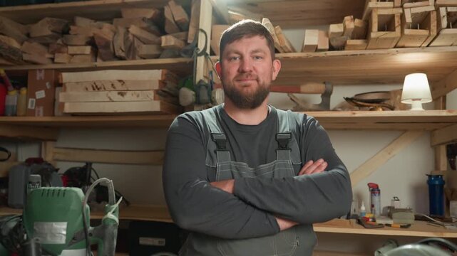 Carpenter is positioned at center within his well equipped wood shop. Various power tools like drills and saws are visible on workbench while shelves filled with lumber provide context
