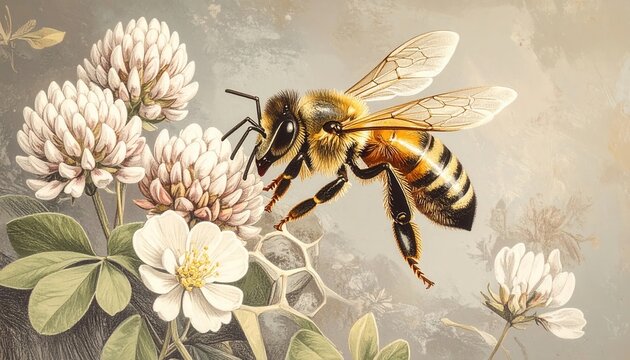 Detailed vintage illustration of a busy honey bee flying gracefully near white clover flowers and green leaves