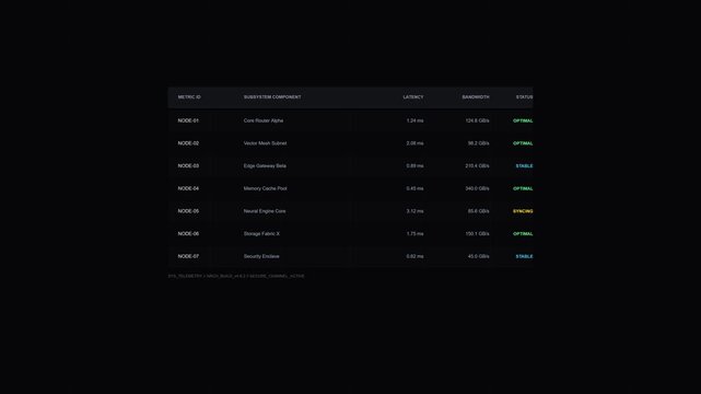Minimalist digital interface displaying network server performance metrics including latency and bandwidth in a dark data visualization.
