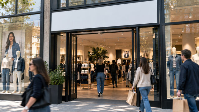 Shoppers entering a modern clothing store with mannequins and casual fashion displays through a large open storefront