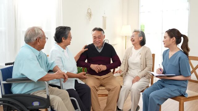 Elderly friends enjoying a joyful conversation at home, with a wheelchair, walking cane, and blood pressure monitor, representing senior health, elderly care, wellness, and active aging.
