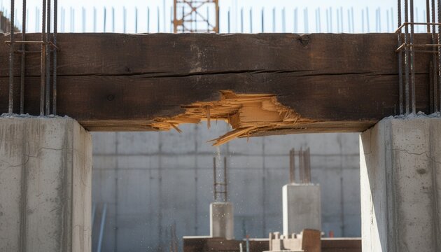 Thick wooden timber beam showing a major stress fracture right down the middle under heavy weight on concrete supports