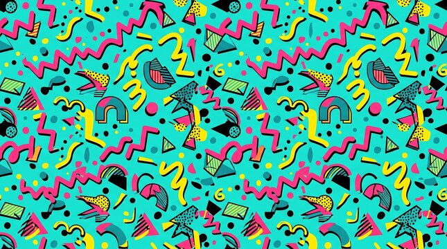 Memphis style geometric pattern with colorful abstract shapes on teal