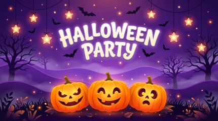 Fototapeta premium Halloween party greeting with carved pumpkins and glowing stars on a purple night background