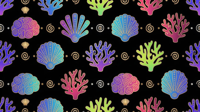 Iridescent seashell and coral seamless pattern with gold spiral accents on black background