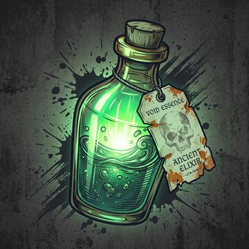 Glowing Green Potion Bottle with Skull Label Watercolor Halloween Illustration