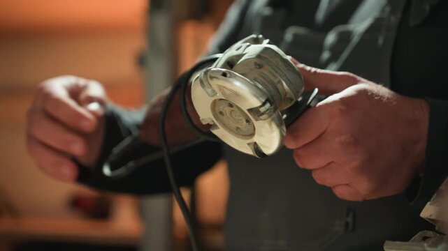Person holds various tools in close up shots. focus is on details of their hands and grip around different power hand tools suggesting careful examination or preparation for use