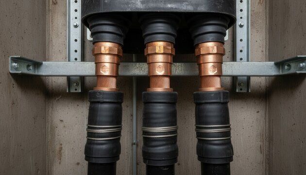 Heavy duty underground high voltage cable termination assembly with copper lugs inside a concrete utility vault