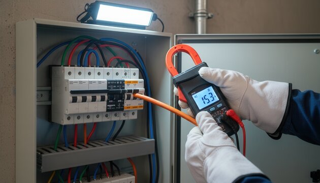 Electrician using digital clamp meter to measure electrical current on insulated cable inside residential circuit breaker panel