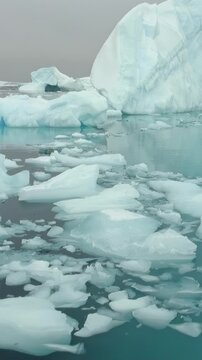 Vertical Video of Dense Broken Ice Across Blue-Green Water. Broken white ice spreads across blue-green water, showing varied frozen shapes, surface texture and gentle ripples in a natural seascape.